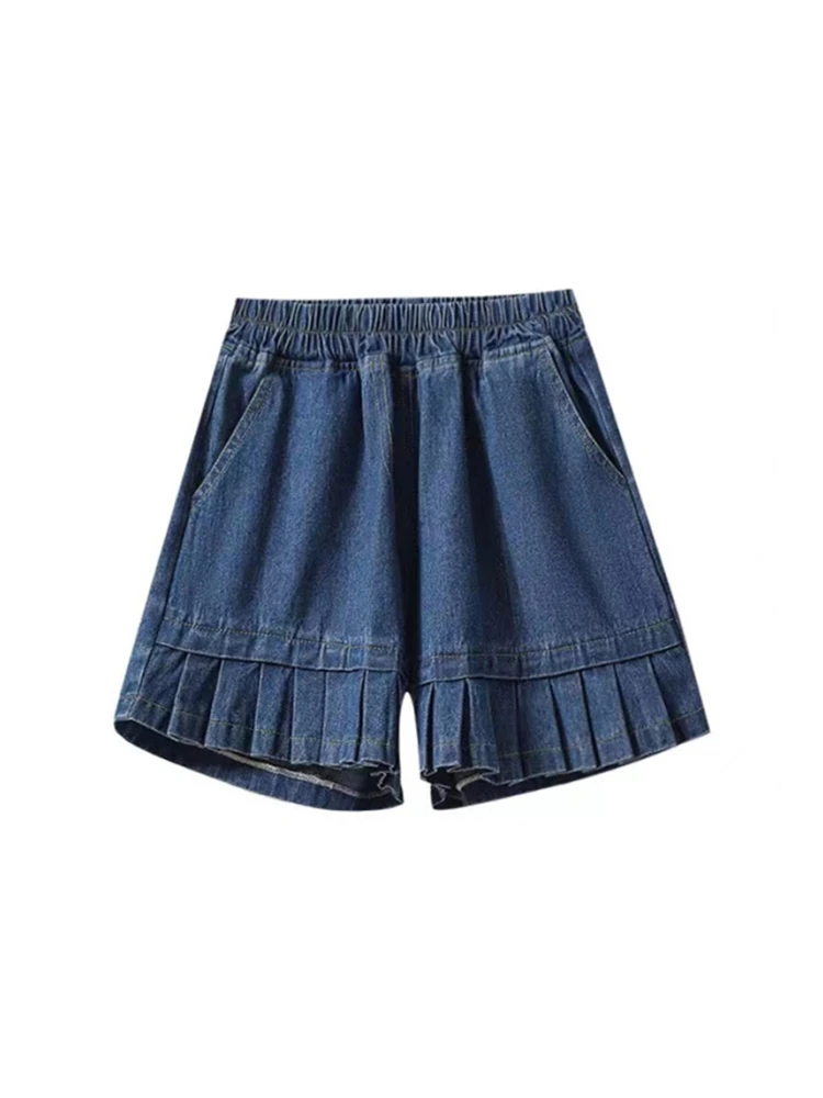 Джинсовые шорты с завышенной талией кружевные синие плиссированные летние новые