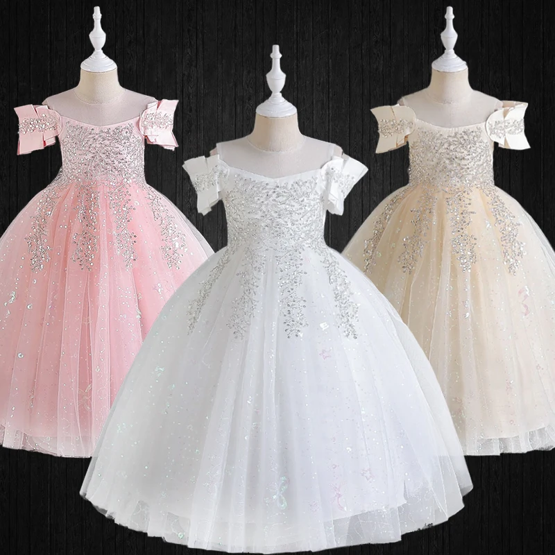 

Young Girl Sequin Fluffy Host Piano Performance White Formal Occasion Dress Children Wedding Bridesmaid Pageant Ceremony Costume