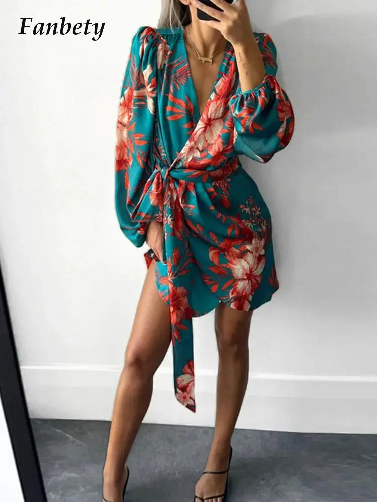 

Женское пикантное мини-платье на завязках с V-образным вырезом и принтом, весенне-летнее модное платье с длинным рукавом для поездок, элеган...