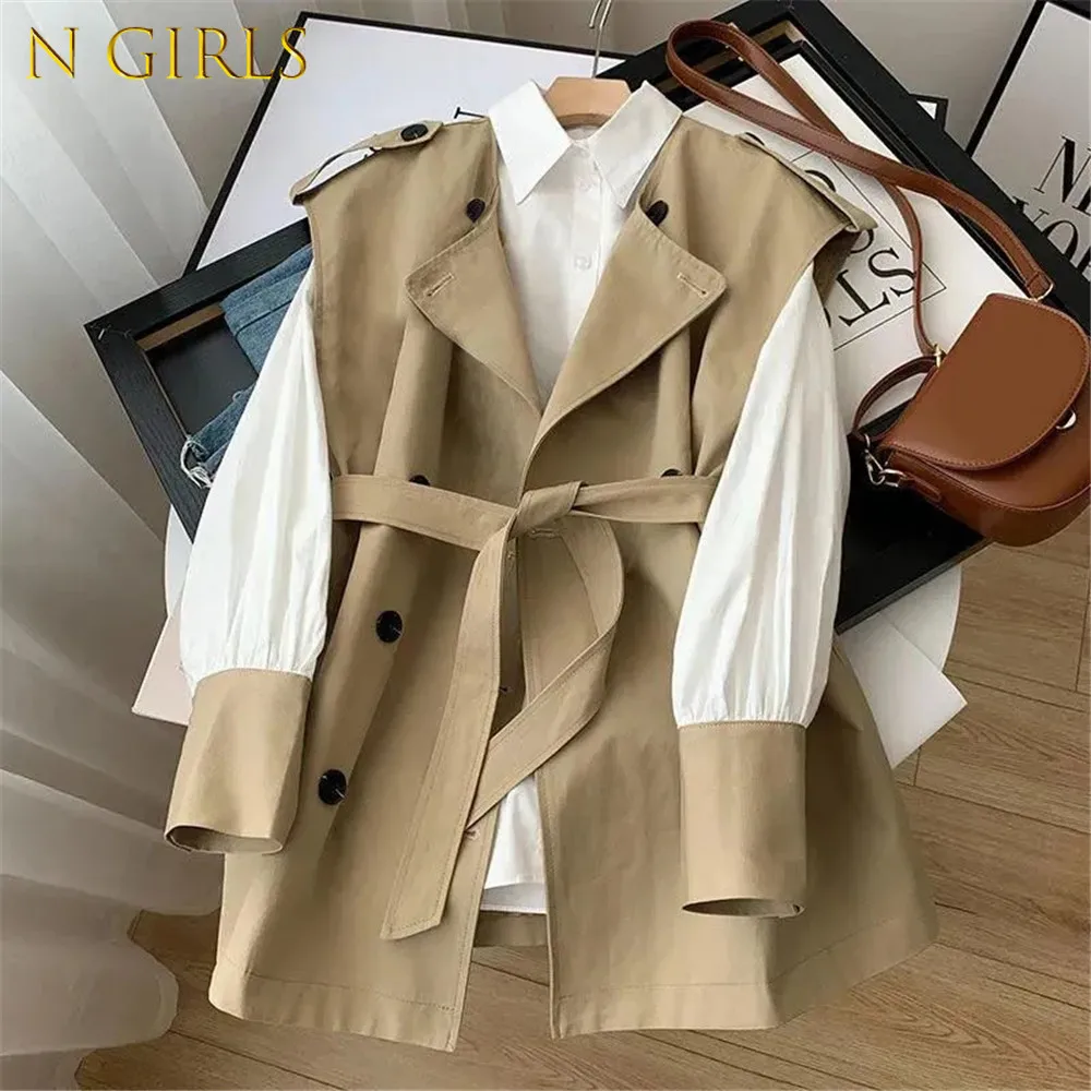 England style 2 piece Sets Tie Waist Trench Coat Vest +White Patchwork Long sleeves Blouse Women's Office Ladies Jacket Outwear