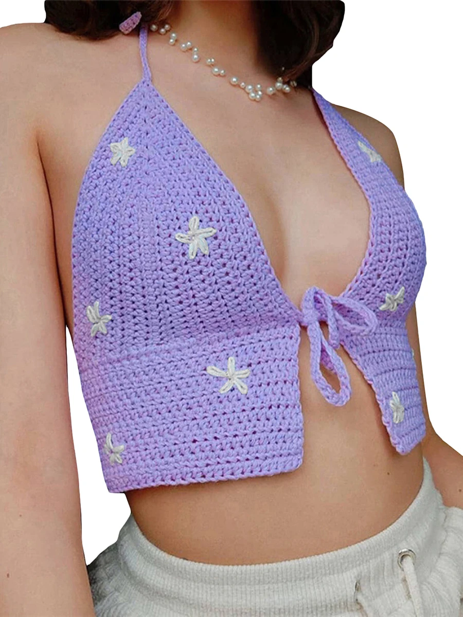 

Womens Crochet Crop Top Tie Front Halter Neck Deep V Neck Sleeveless Backless Floral Pattern Beach Party Wear