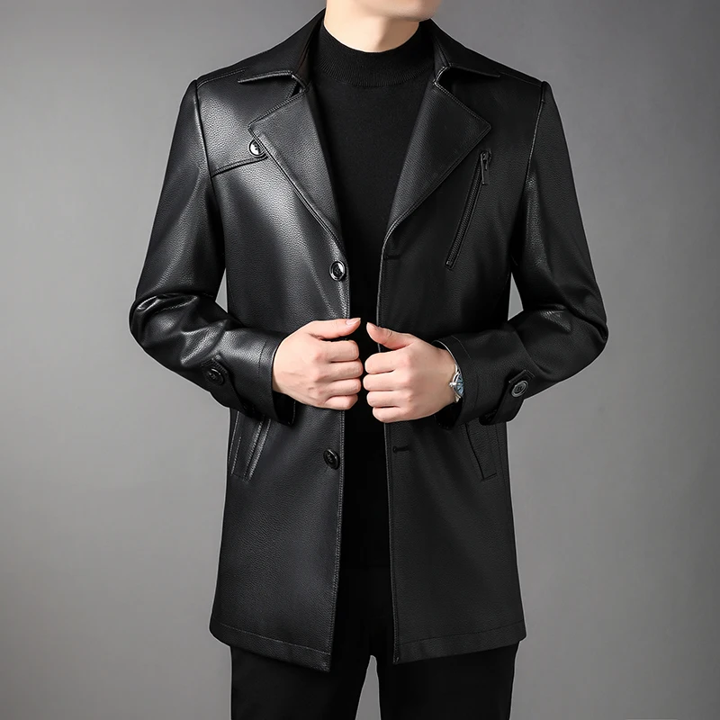 

Autumn Winter Mid-Length Leather Coat Fleece Lined Paded Warm Keeping Motorcycle Windbreaker Casual Leather Jacket Men's Coat