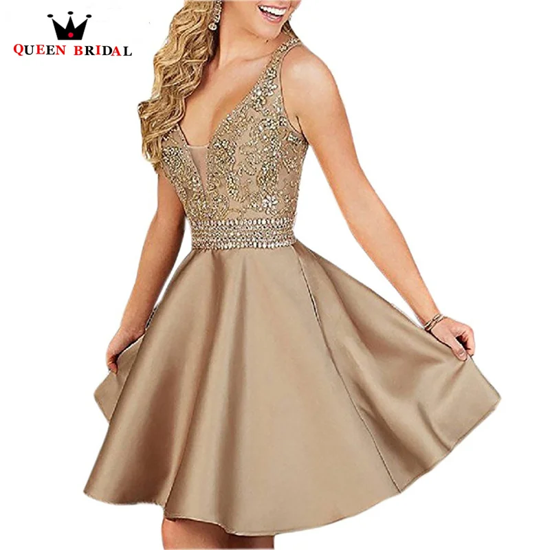 

Champagne Gold Homecoming Dress 2023 V-Neck Beading Rhinestone Knee-Length Appliques Modern vestidos de fiesta Custom Made HH04