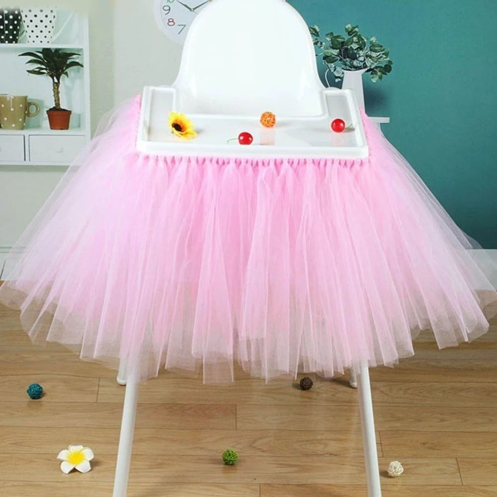 

Pink Table Skirt High Chair Tutu Skirt Birthday Decoration for 1st Birthday Baby Shower Party Decor Supplies for Girl Boy Kids