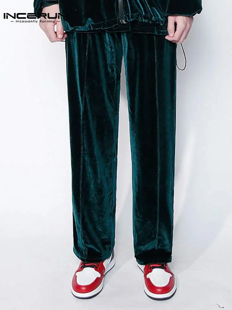 

2022 Men Pants Joggers Solid Color Velour Streetwear Korean Casual Straight Trousers Men Elastic Waist Leisure Pantalon INCERUN