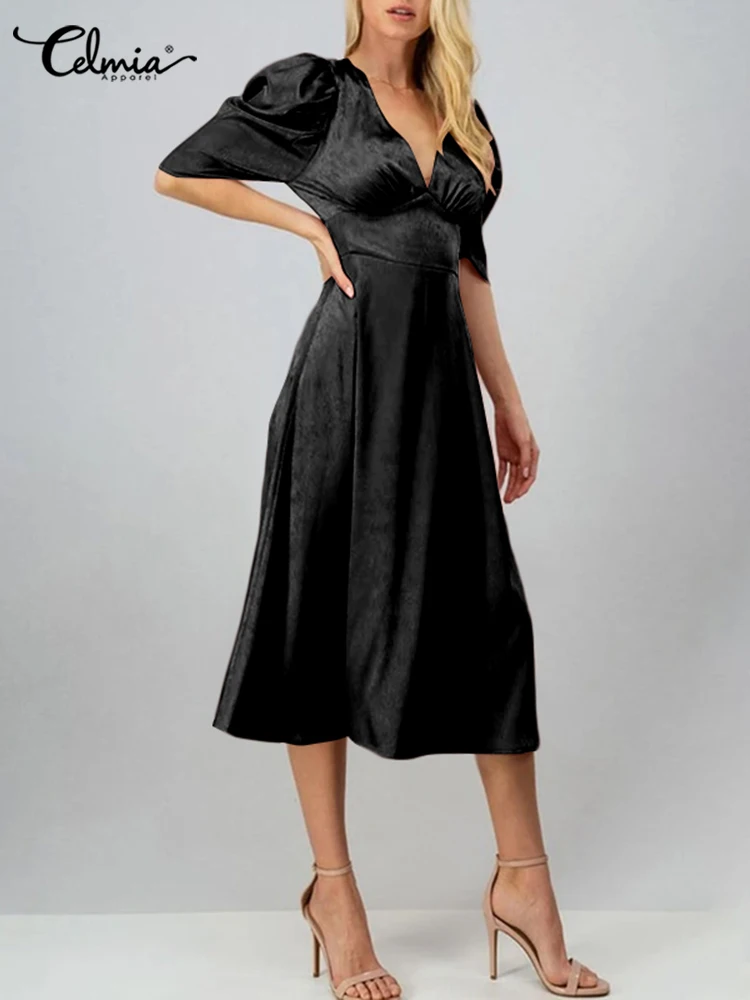 

Celmia Fashion Puff Sleeve Long Robe Femme Splicing A-line Vintage Women 2023 Party Dresses Elegant V Neck Satin Silk Midi Dress