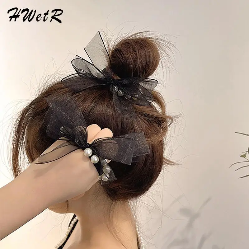 

Элегантный головной убор в стиле сетчатой пряжи с бантом корейское кольцо для волос с жемчугом кожаный чехол для конского хвоста Ретро голо...