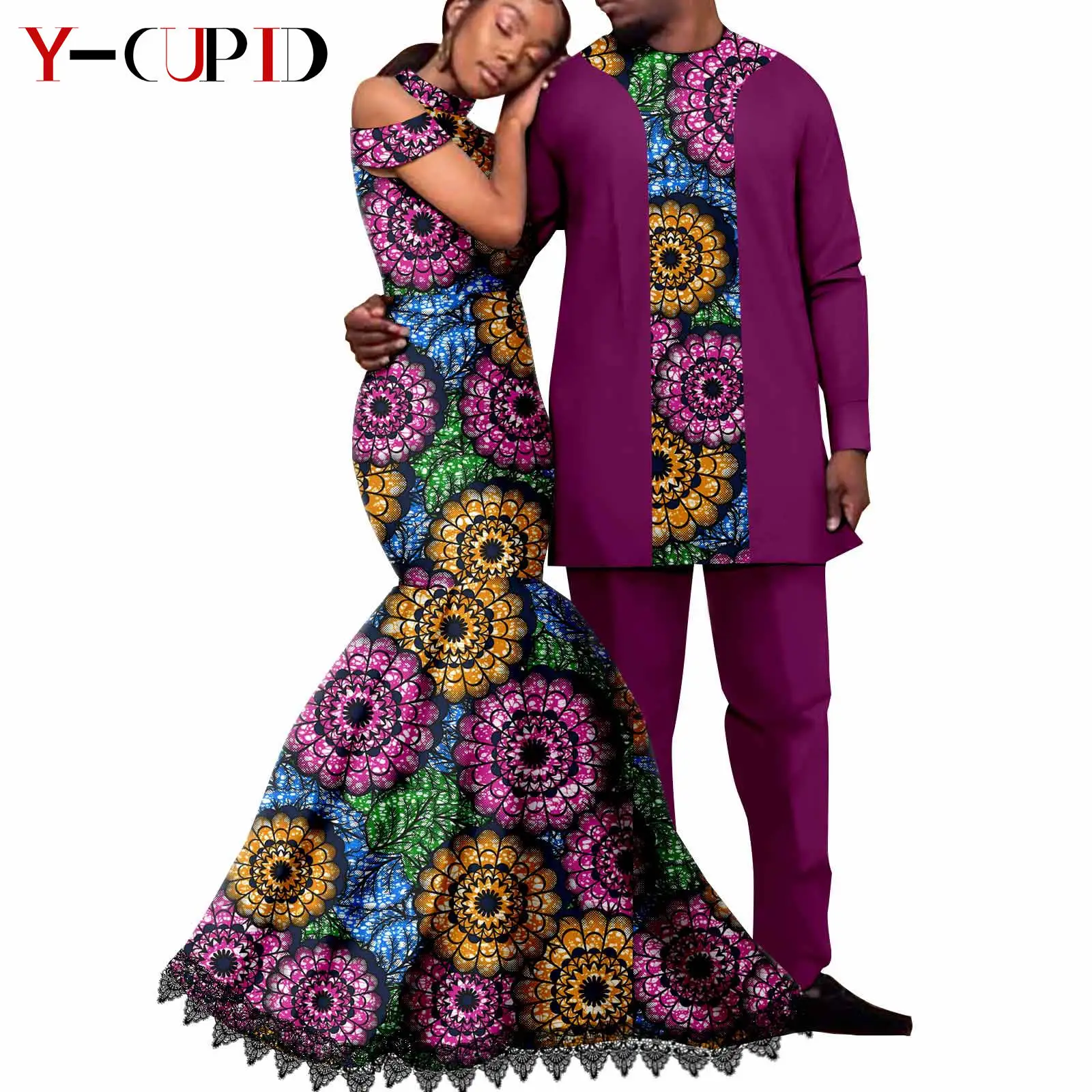 Dashiki African Couple Clothes Ankara Print Lace Long Mermaid Dresses for Women Matching Men Outfits Wedding Vestidos Y22C033