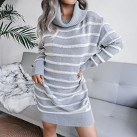 autumn and winter womens fashion high neck black and white striped knitted sweater casual warm sweater dress femme 2022 new