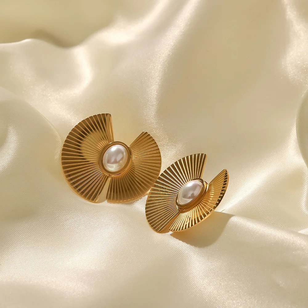 Stainless Steel PVD 18K Gold Plated Tarnish Waterproof Pearl Inlay Irregualr Fan Earring  For Woman Jewelry Wholesale Trendy