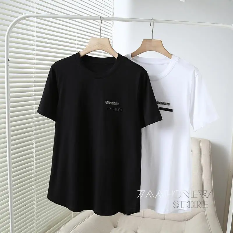 

ZAAHONEW 2022 летняя женская модная тонкая футболка с круглым вырезом с инкрустированными короткими рукавами Женские однотонные Простые повседн...