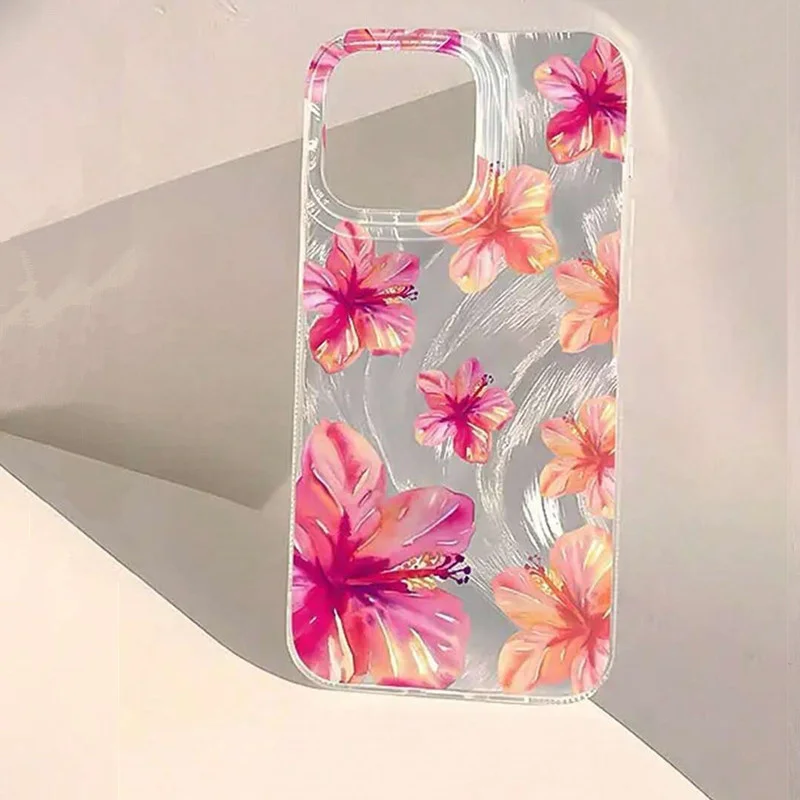 Фото Блестящий чехол для телефона для iPhone 17, 16, 15, 14, 13, 12, 11 Pro Max 16E 14 Plus 17 Air CWatercolor Hibiscus Flower Pattern Hard Cover №2