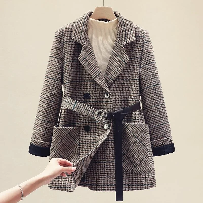 

Fashion Plaid Coat Woollen Cloth Women Jacket Women's New 2022 Autumn Winter Female Overcoat Outerwear Coats