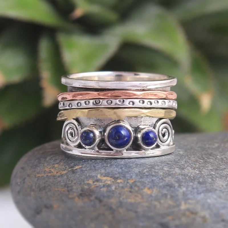 

Retro Bohemian Ring Inlaid Round Blue Stone Classic Tricolor Metal Engagement Party Wedding For Women Vintage Elegant Jewelry