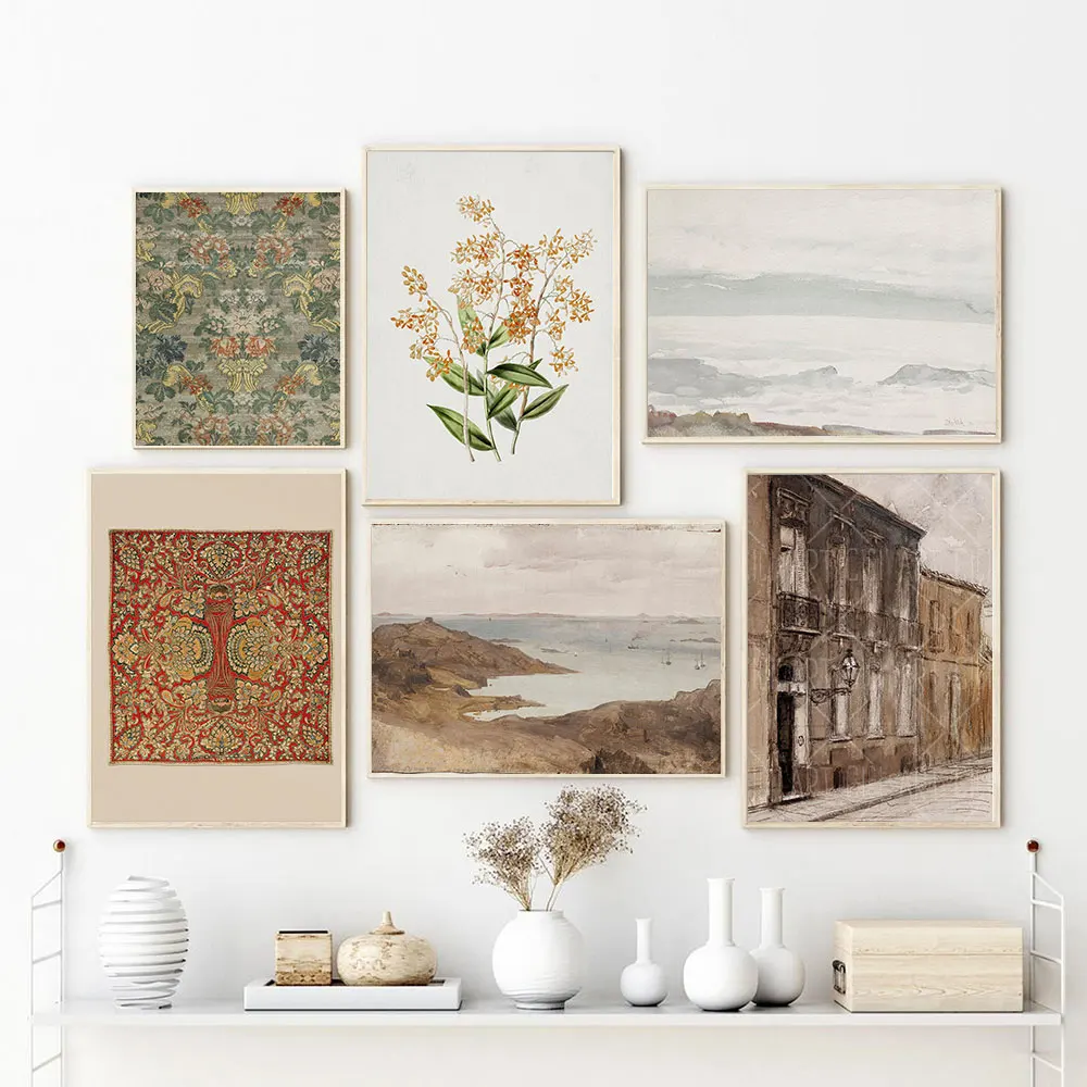 Buy Vintage European Landscape Coastal Poster Botanical Art Print Textile Canvas Oil Painting Wall Picture Living Room Home Decor on