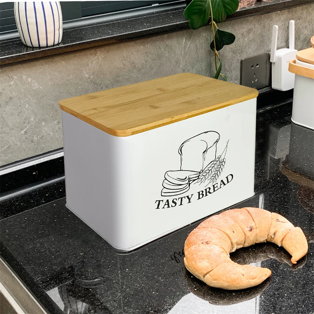 

Modern Style White Bread Bin Box Kitchen Outdoor Pastry Snack Storage Container Metal With Bamboo Board Cover 34x18.5x21.5cm