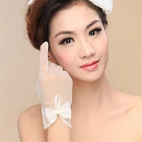 short simple wedding bridal gloves with bow whiteivory high quality tulle sheer wrist length full finger wedding party gloves