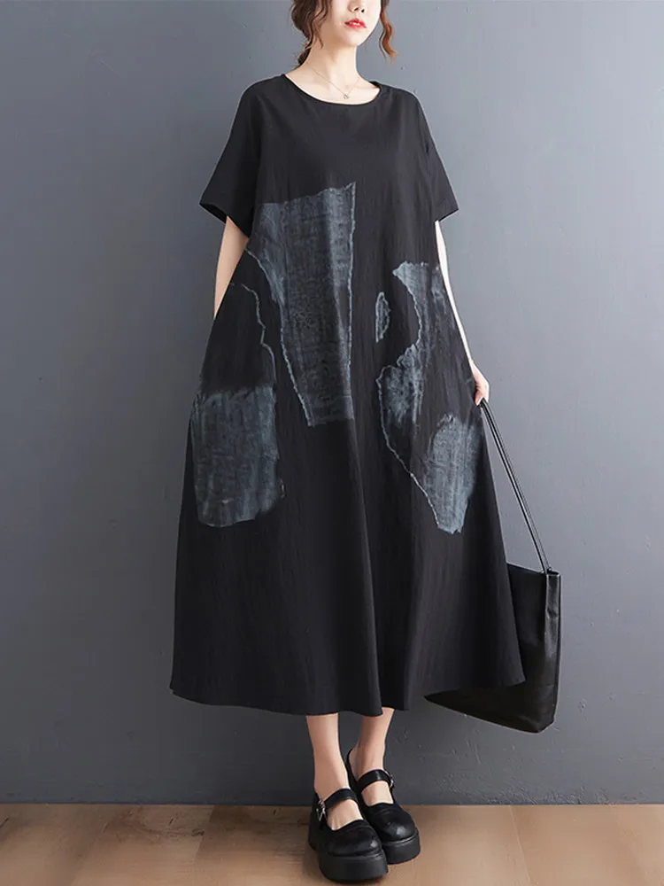 

Женское винтажное Хлопковое платье с коротким рукавом, повседневное Свободное длинное платье макси в Корейском стиле, элегантная одежда на...