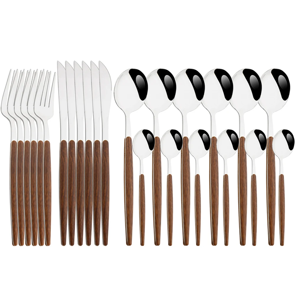 

Drmfiy 24Pcs Western Dinnerware Set Wooden Handle Silverware Set Stainless Steel Cutlery Set Knife Fork Tea Spoon Tableware Set