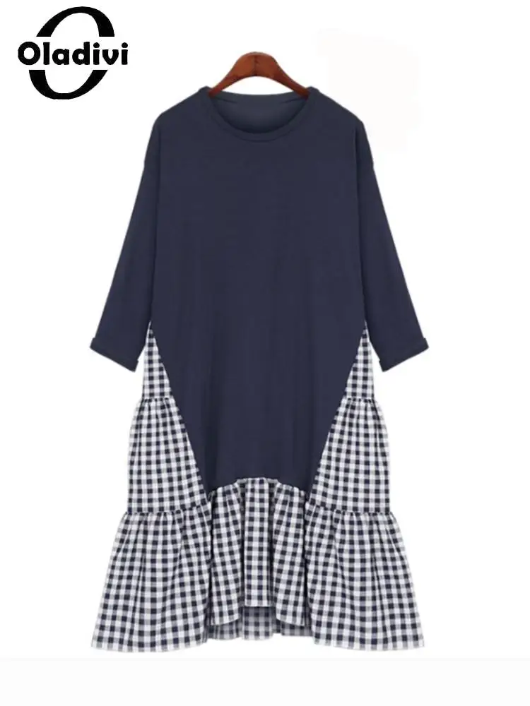 

Oladivi XL-5XL Patchwork Plaid Dress for Women Large Size Casual Loose Midi Dresses Fashion Lady Oversized Clothing Vestidio 919
