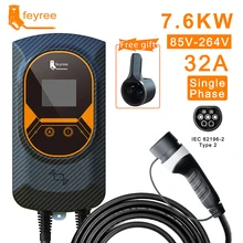 feyree EV Charger Type2 32A EVSE Wallbox with IEC62196-2 Adapter 7.6KW Wallmount Charging Station 5m Cable for Electric Vehicle