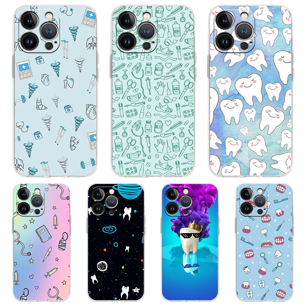 

Dentist Tooth Pattern Transparent Phone Case Cover for iPhone 14 13 12 11 Pro Max X XR 8 7 Plus SE2020 XS Max Silicon Soft Shell