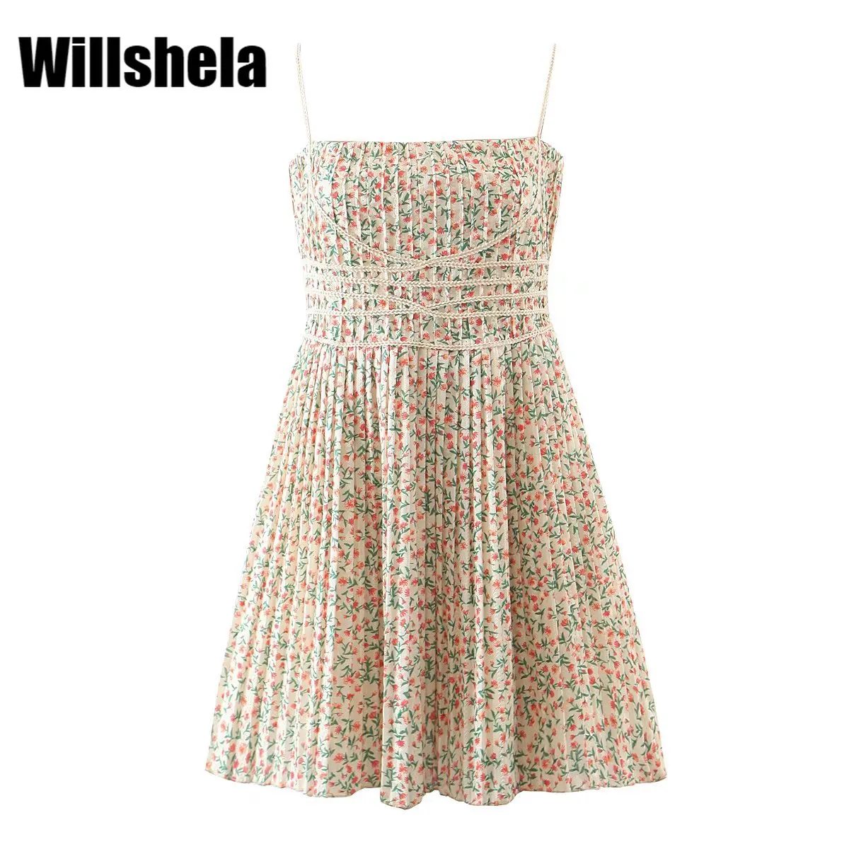 

Willshela женское модное Плиссированное мини-платье на молнии сзади с принтом винтажные тонкие бретельки с вырезом на шее женские платья