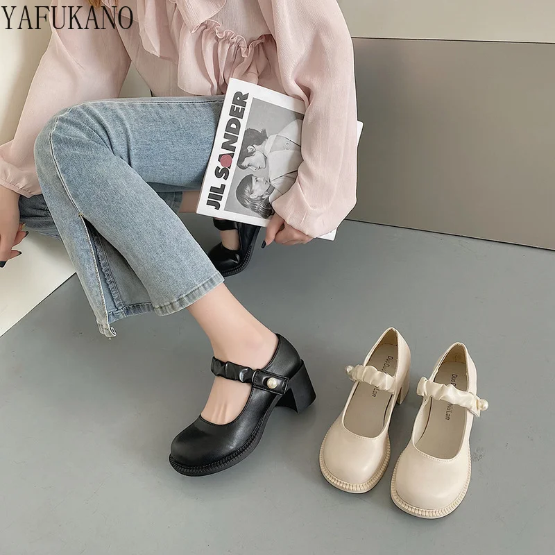 

Туфли-лодочки женские на массивном каблуке, кожа для девушек, большой размер, жемчуг, Простые Модные Туфли-лодочки в стиле ретро, высокий каб...