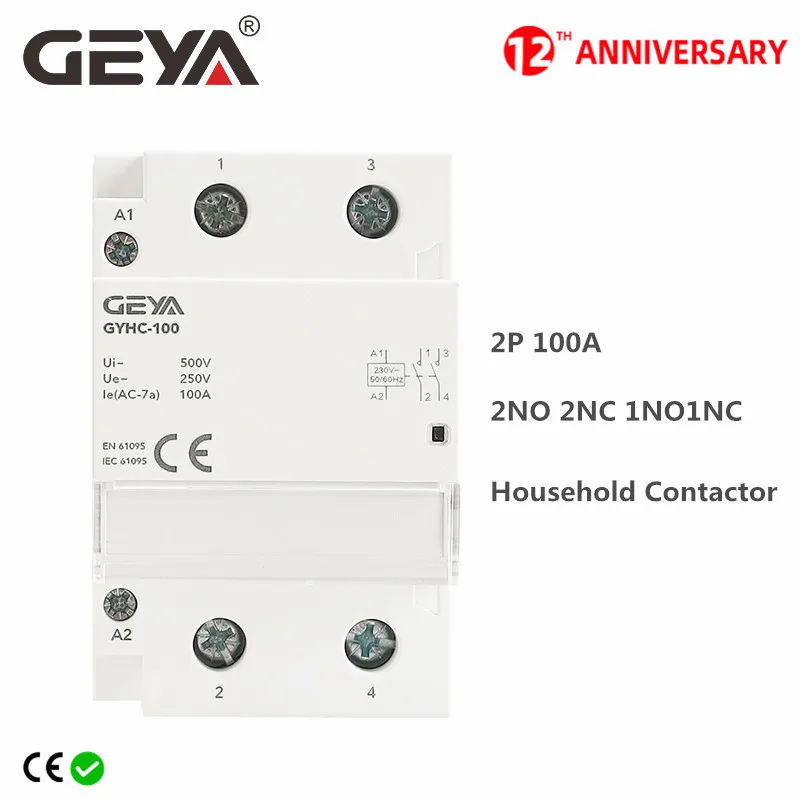 GEYA GYHC-Contactor Modular de 2 polos, Contactor doméstico automático, 100A, 2NO, 2NC, 1NO1NC, 220V, 110V, 24V, tipo carril Din, iCT, 50/60Hz