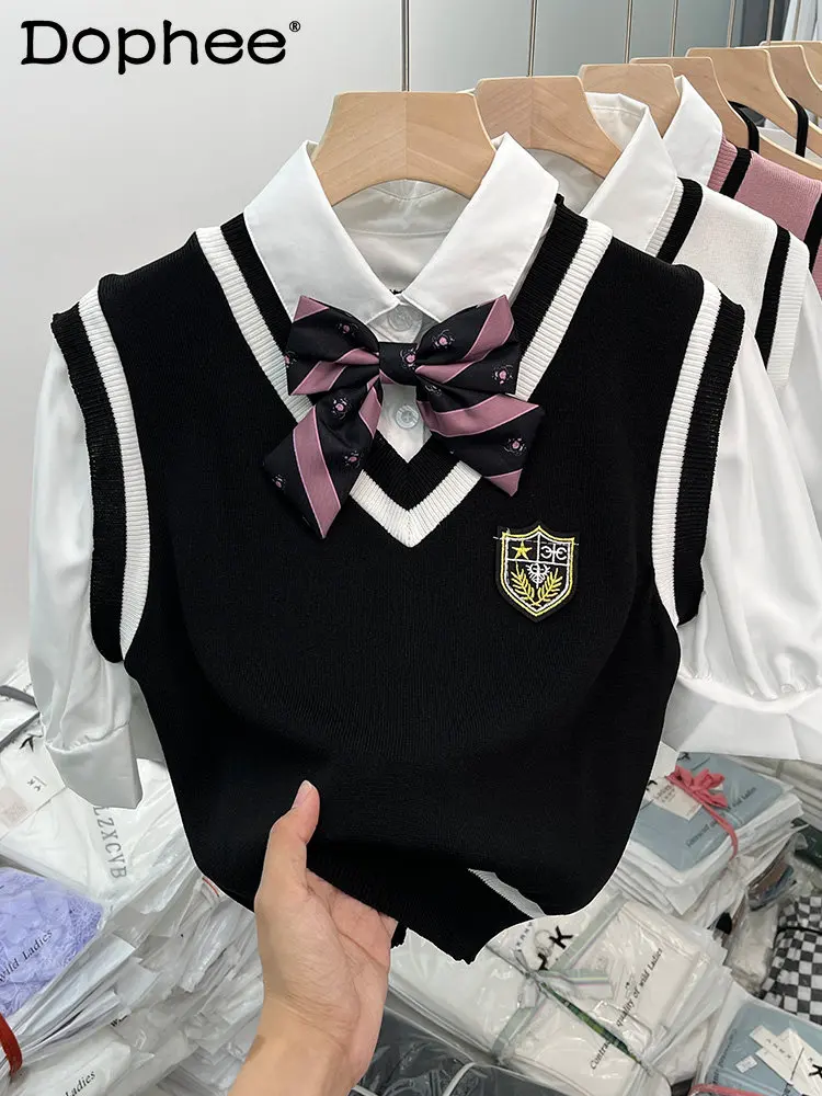 

Preppy Style Bow Sweet Fake Two Pieces Short Knitted T-shirt Women Summer Elastic Slim Fit Polo Collar Short Sleeve T Shirts Top