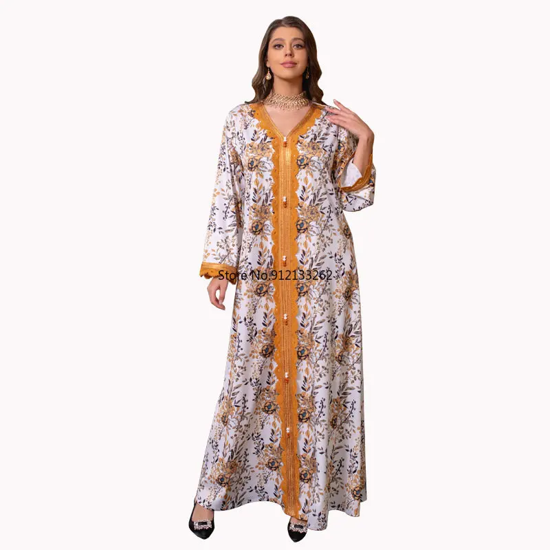 2023 Summer Muslim Women Fashion Long Sleeve V-neck Printing Polyester Orange Long Abaya Muslim Dresses Abaya Dress