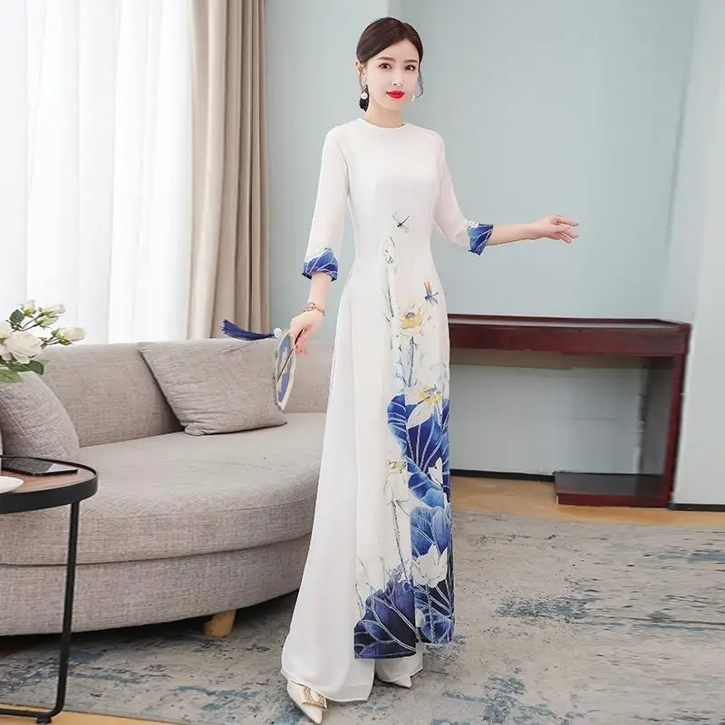 

Chinese Style Two Piece Set Women Long Tops Pant Suits Slim Vintage Harajuku Ao Dai Vietnam Plus Size New Printed Costume