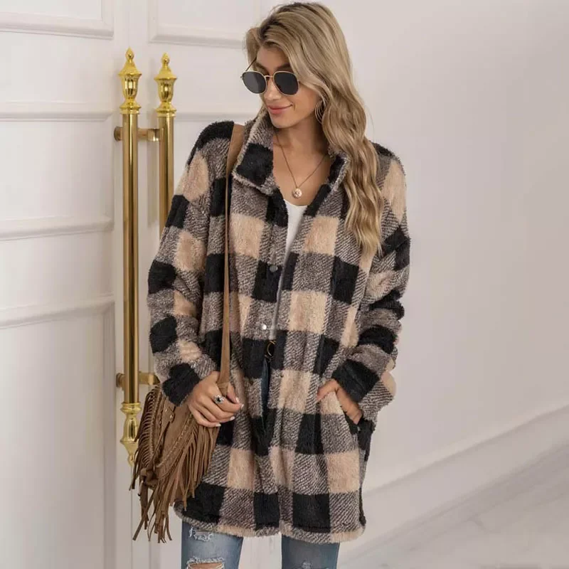 New in Long Faux Fur Coat Women Plaid Jacket Winter Coat Women Long Sleeve Fluffy Teddy Jacket Ladies Warm Plush Jacket Female y
