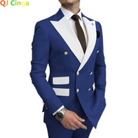 QJ CINGA Sky Blue Men Suits Double Breasted 2022 Latest Design Gold Button Groom Wedding Tuxedos Best Costume Homme 2 Pieces