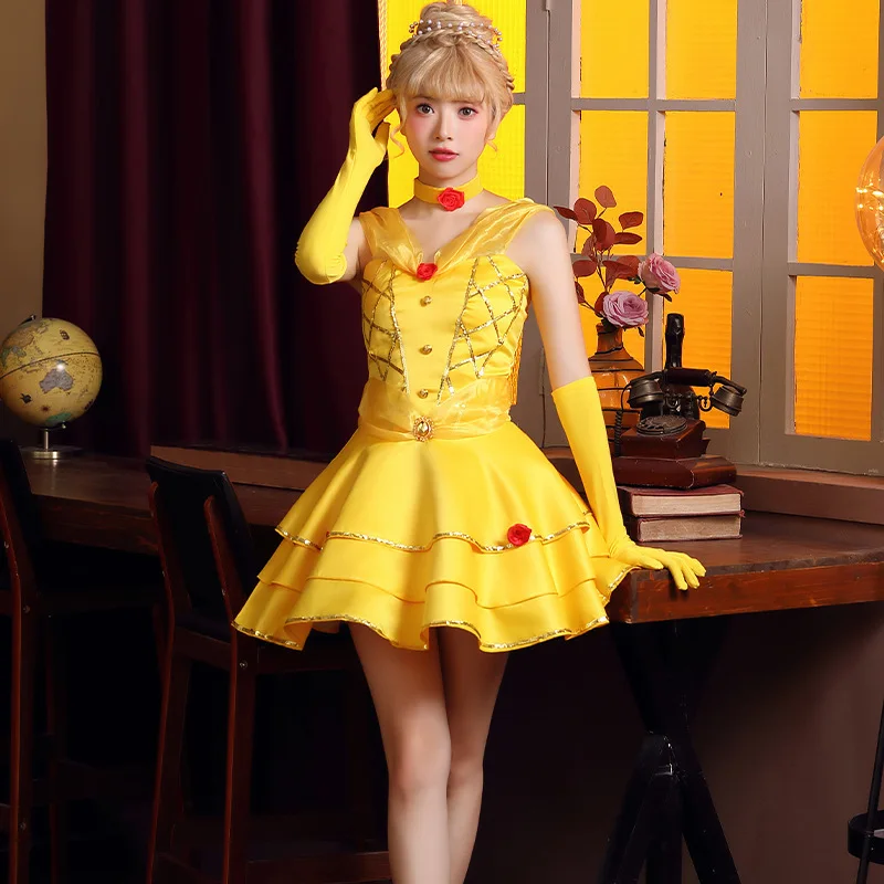 

Halloween Costumes Cosplay Yellow Princess Dress Short Roses Dress Temperament V Yarn Collar Halter Dress Golden Wrapped Edge
