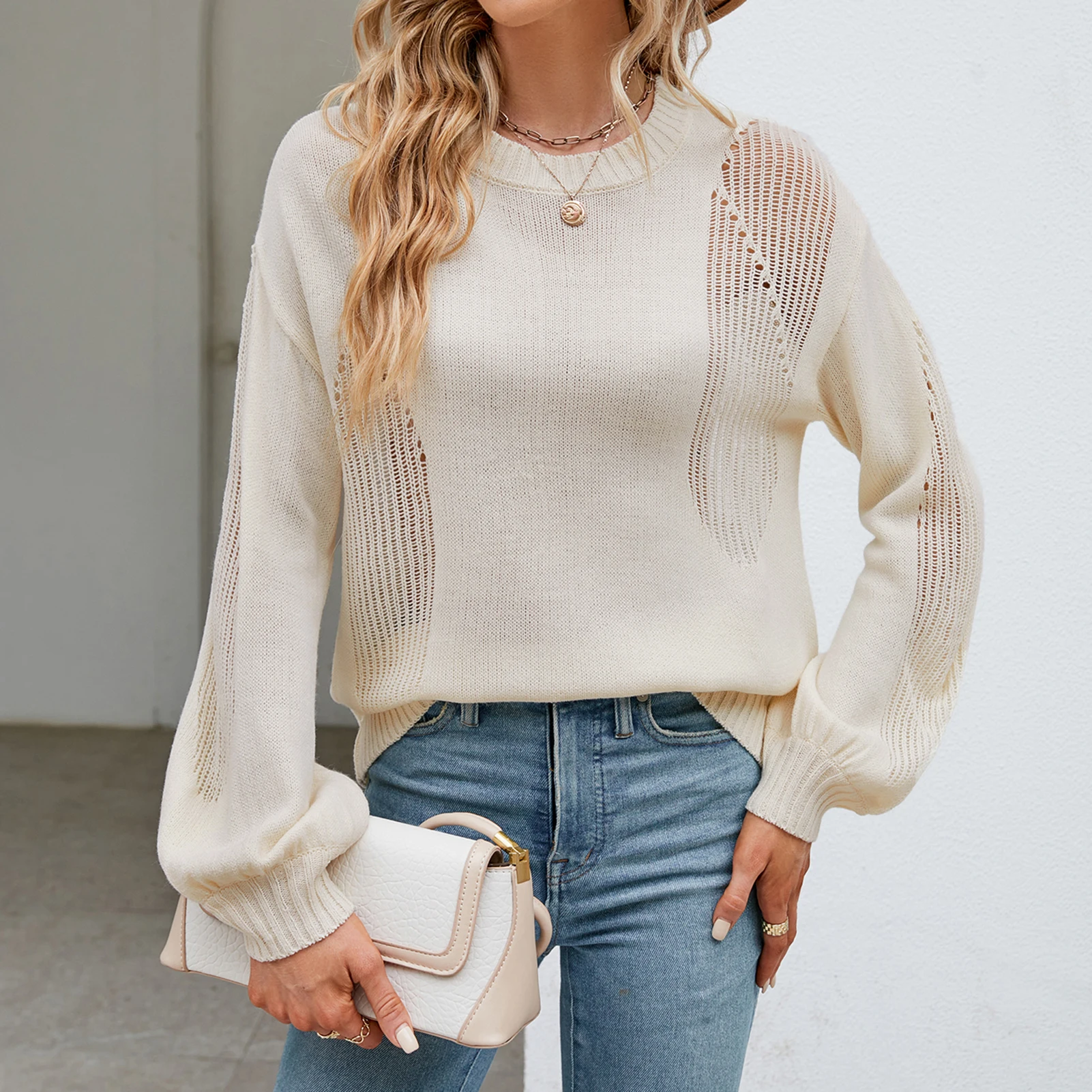 

Knitwear Sweater Loose Fit Ladies Crochet Pullovers Long Sleeve Women Basic Jumpers Casual Crew Neck Hollow Out Daily Outfit