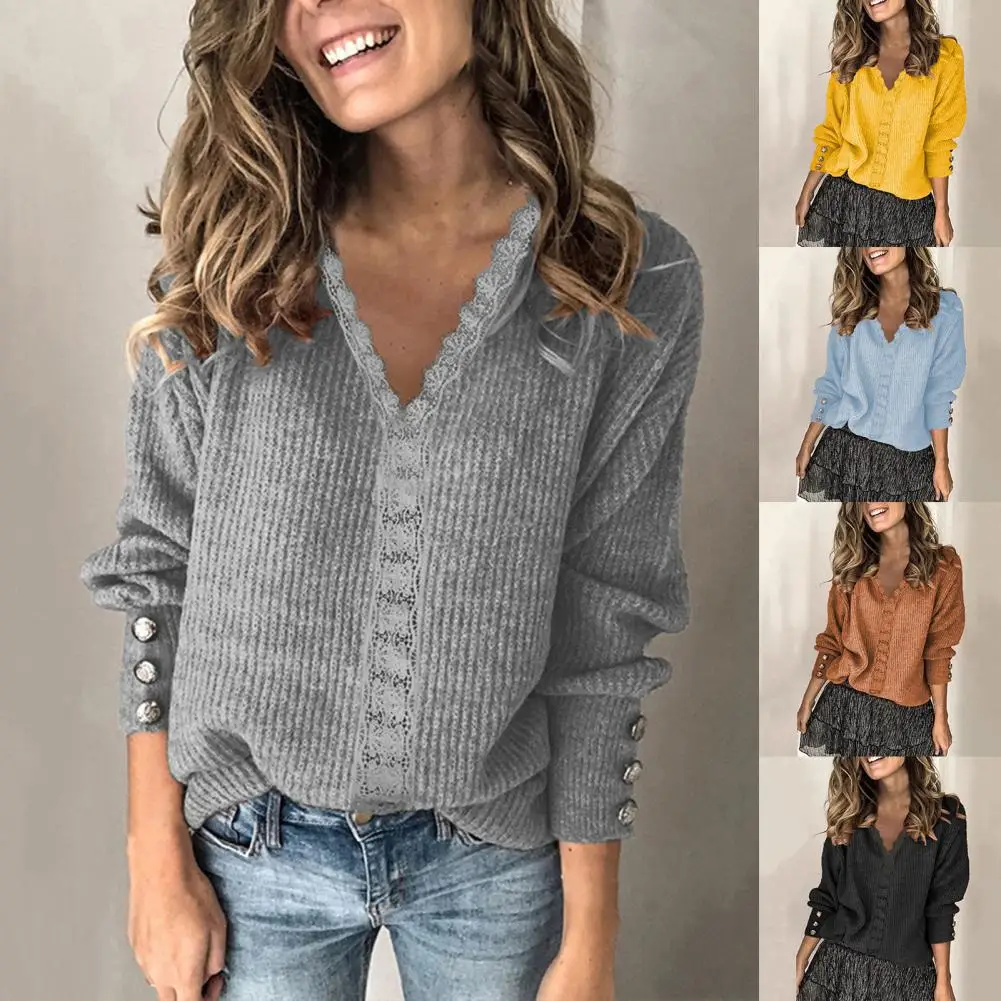 

Women Sweater Lace Patchwork V Neck Autumn Winter V Neck Long Sleeve Knitted Pullover Top Streetwear