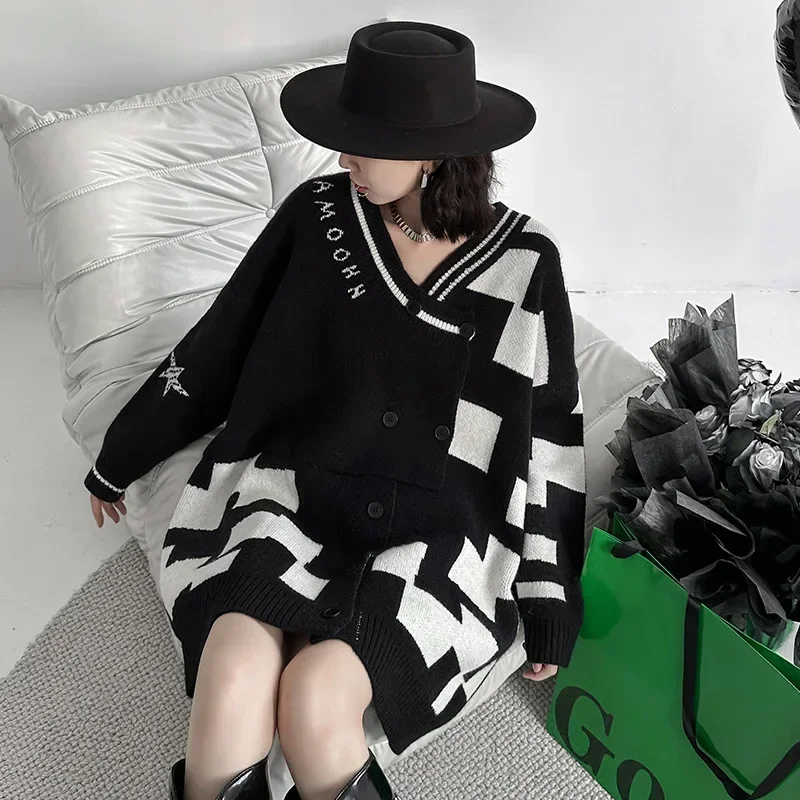 

Lazy Style V-neck Sweater Dress Women Sweater Long Sleeve Knitted Sweater Autumn Winter Women Coats Loose Single-breasted Tops