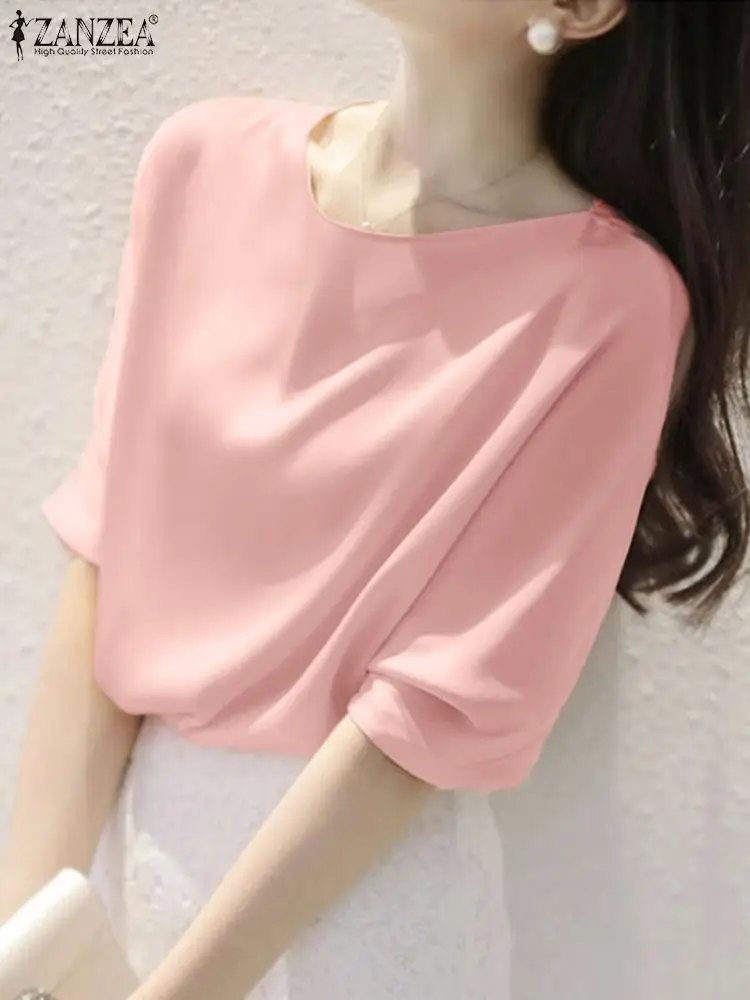 

ZANZEA 2022 Women Satin Blouses Elegant Solid Tops Short Sleeve Summer Blusas Female O Neck Tunic Casual Chemise Oversized