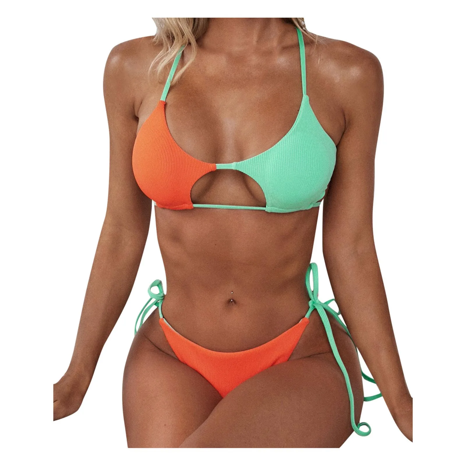 

Bikini Hight Up Piece Waist Two Push High Cut Set Striped Women Halter Swimsuit Swimwears Tankinis Set