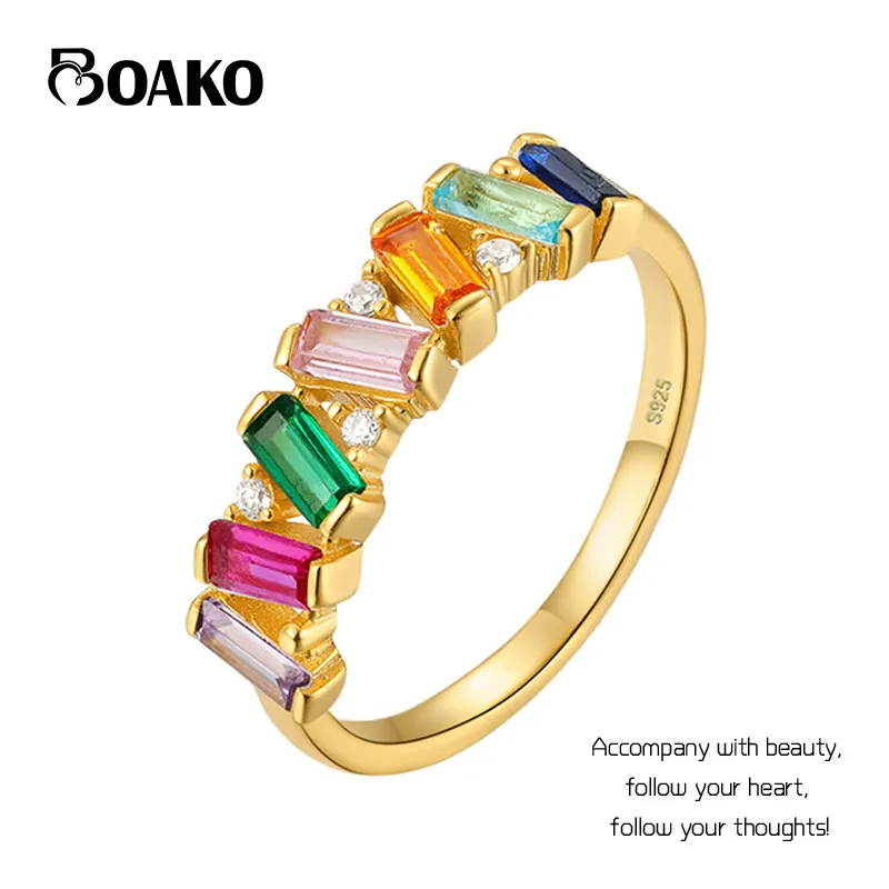 

BOAKO 925 Sterling Silver Geometry Colorful Zircon Ring for Women Delicate Rings Wedding Personality Jewelry Anillos Plata Bague