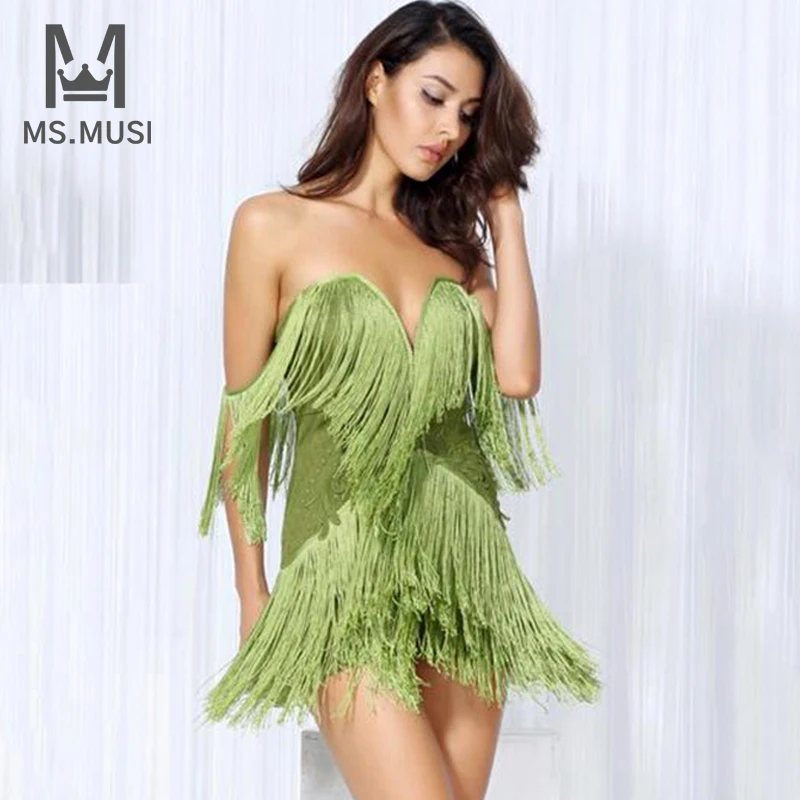 MSMUSI 2022 New Fashion Women Sexy Off The Shoulder Tassel Short Sleeve Bodycon Backless Party Club Bandage Mini Dress Vestidos