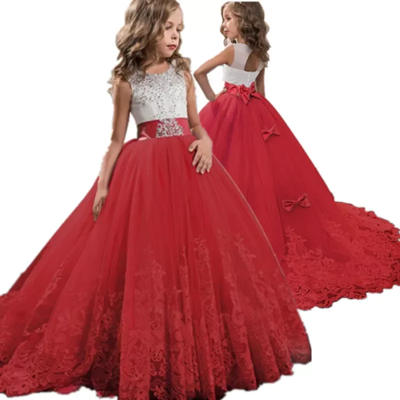 

Красное кружевное платье с вышивкой для девочек на Рождество, день рождения, свадебное платье с цветами, официальные Детские платья для дев...