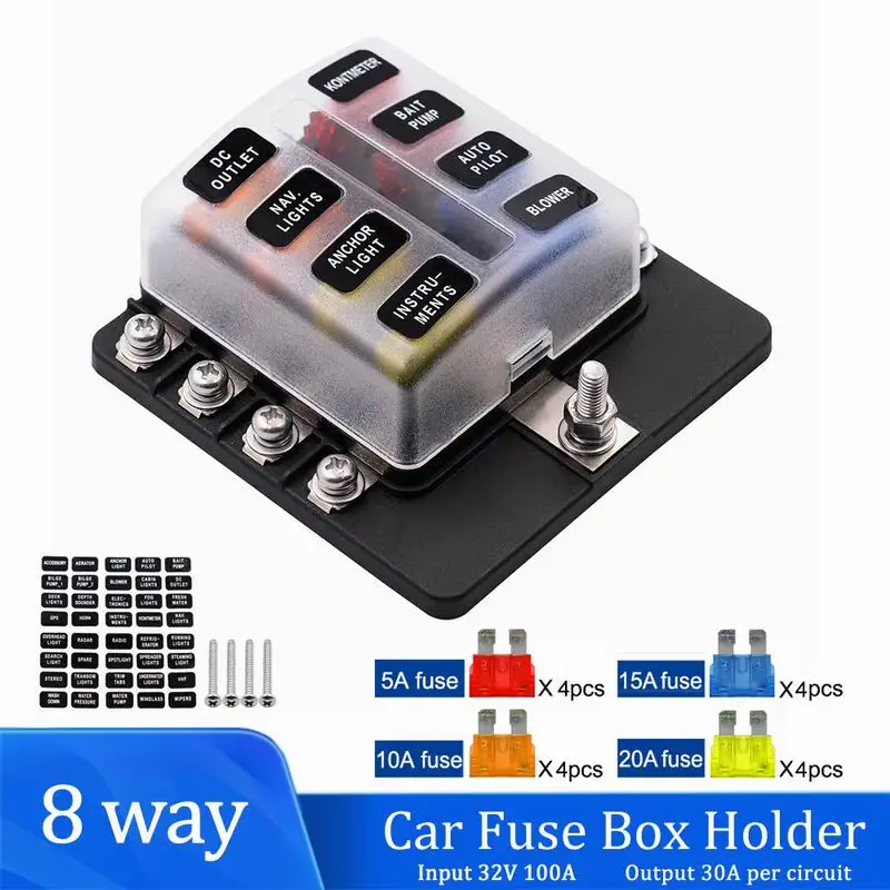 

Universal 8 Ways Car Blade Holder Fuse Box With LED Indicator Light 12V 32V 8Ways Screw Binding Post Fuse For Car Marine