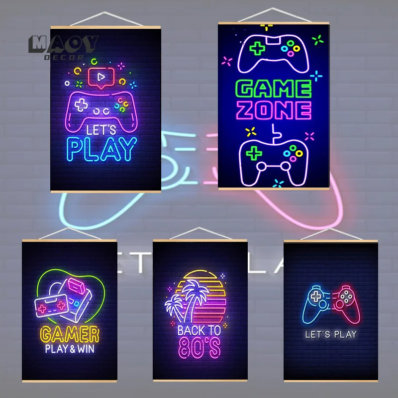

Pro Gamer Neon Sign Frame Poster Prints Canvas Painting Wall Art Decoration Play Game Vr Console Home Room Decor Gift for Boys