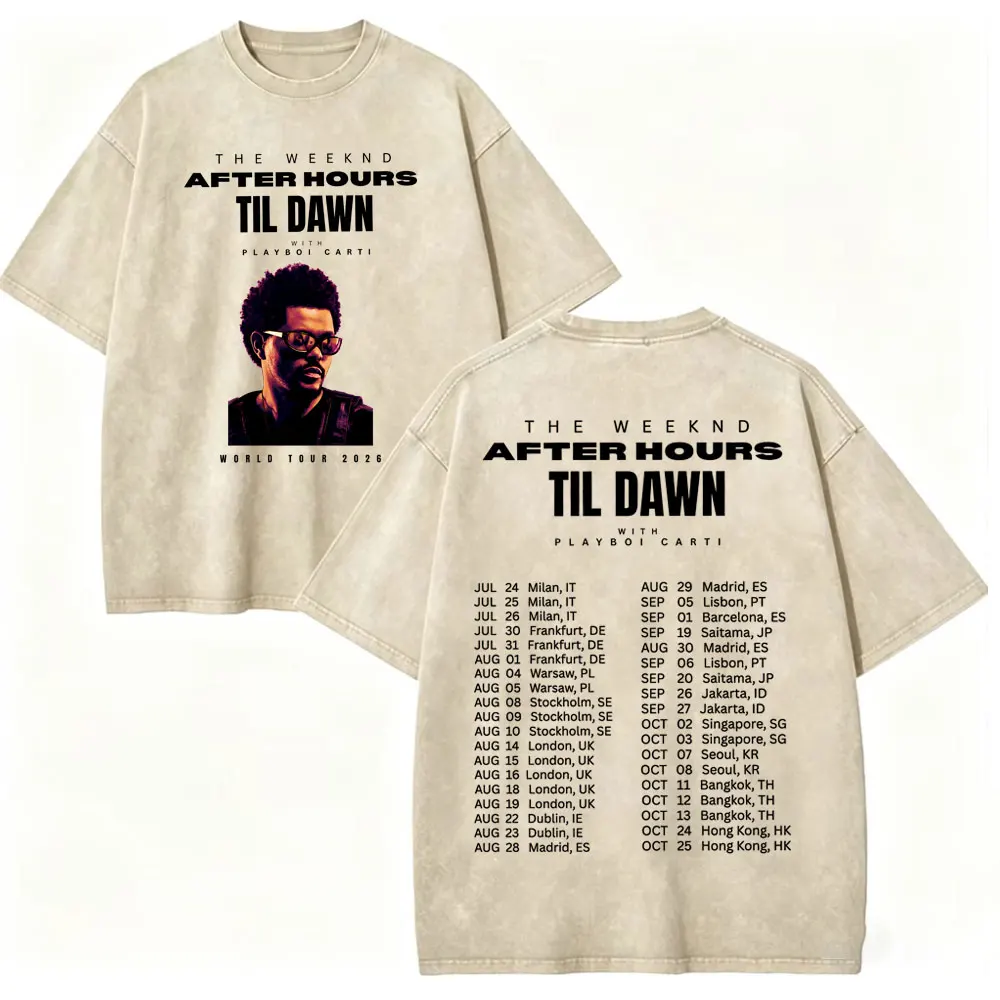 Фото Винтажные футболки с эффектом потертости The Weeknd After Hours Til Dawn Tour 2026 для мужчин и женщин, повседневные модные оверсайз футболки, уличная одежда №4