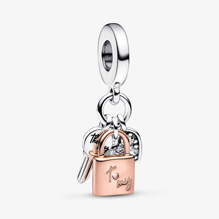 

Two-tone Key, Padlock & Heart Triple Dangle Charm Fit Original Pan Charms Bracelet & Bangle Charm Pendant Jewelry Berloque