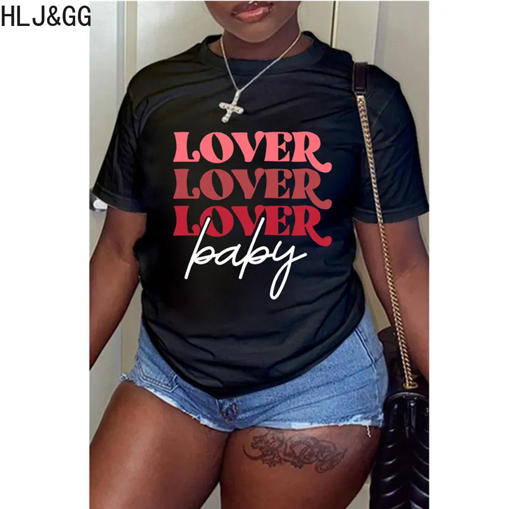 

HLJ&GG Casual Letter Printing Tshirts Women Round Neck Short Sleeve Slim Tops Summer Pullover Clothing Fashion Simple Style Tops