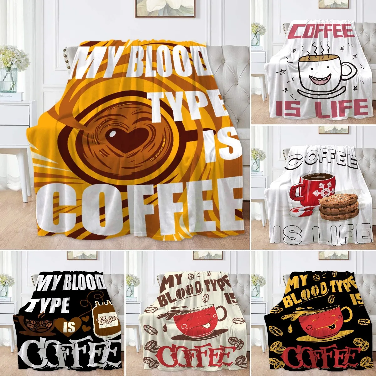 

My Blood Type Is Coffee Soft Blanket for Couch Bed Camping Cute Drinking All-Seasons Home Decor Gifts for Boys Fuzzy Cozy Throws