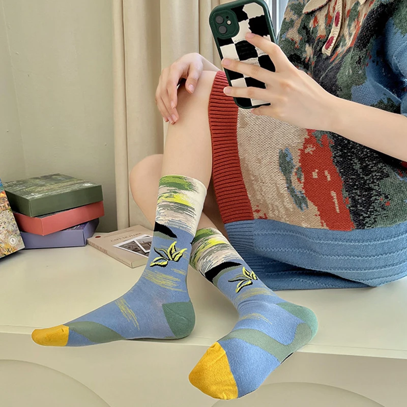 4pairs Women Socks Autumn Winter Monet Series Retro Women Personality Art Famous Painting Oil Funny Happy Sock Gift Set Dropship